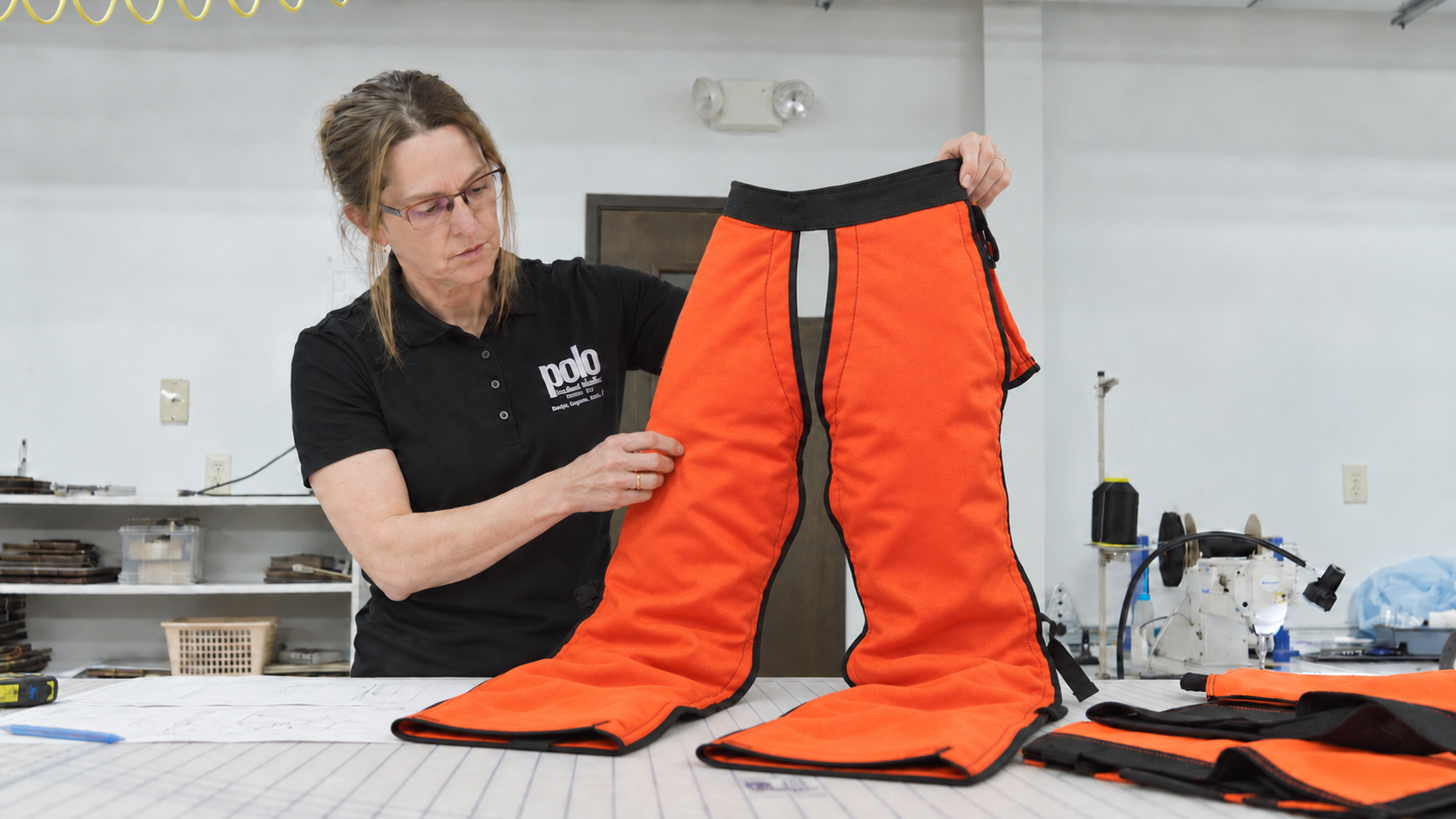 displaying completed chainsaw chaps